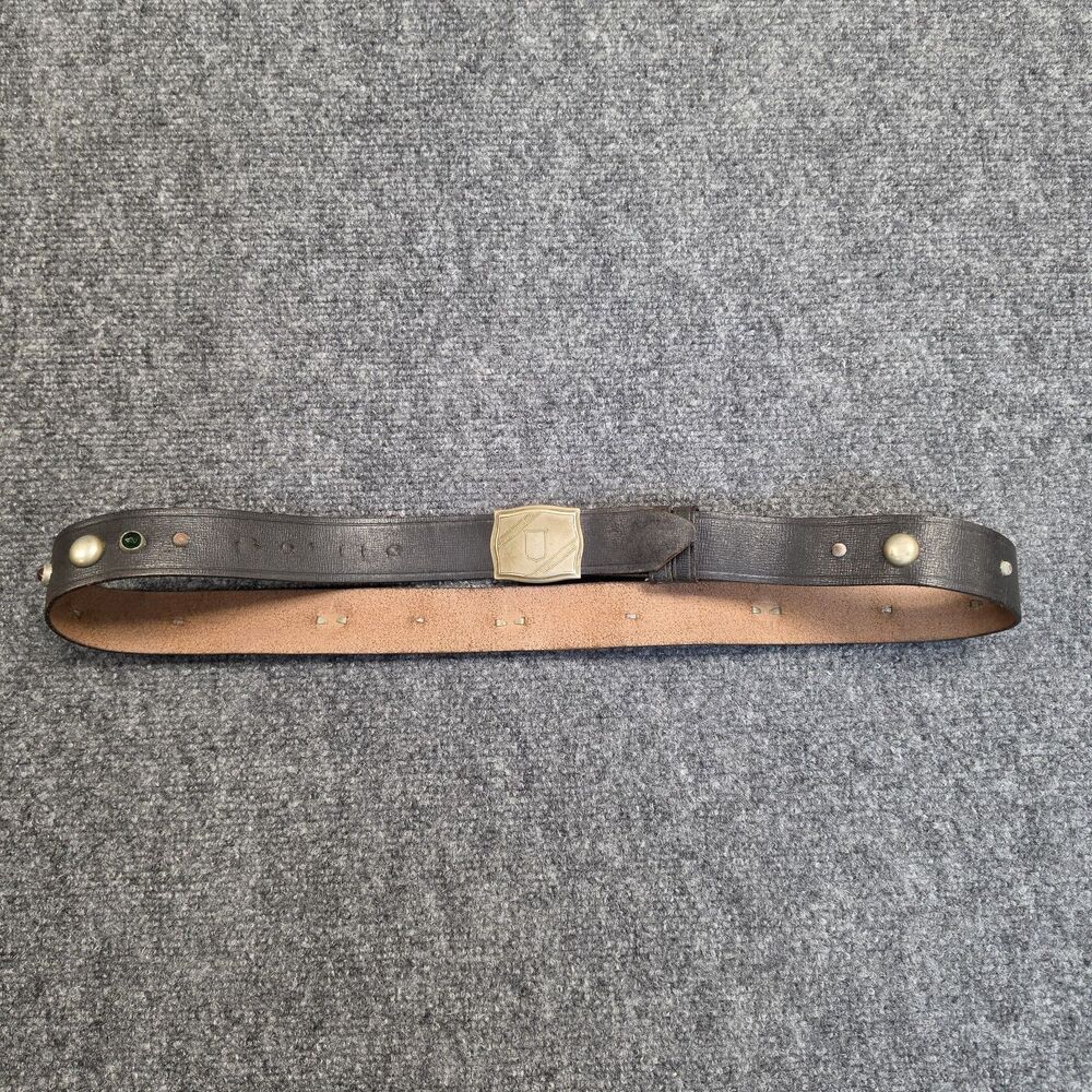 VTG 1920’s Giant Grip Belt Buckle Silver Plate Embellished Cowhide Leather Belt